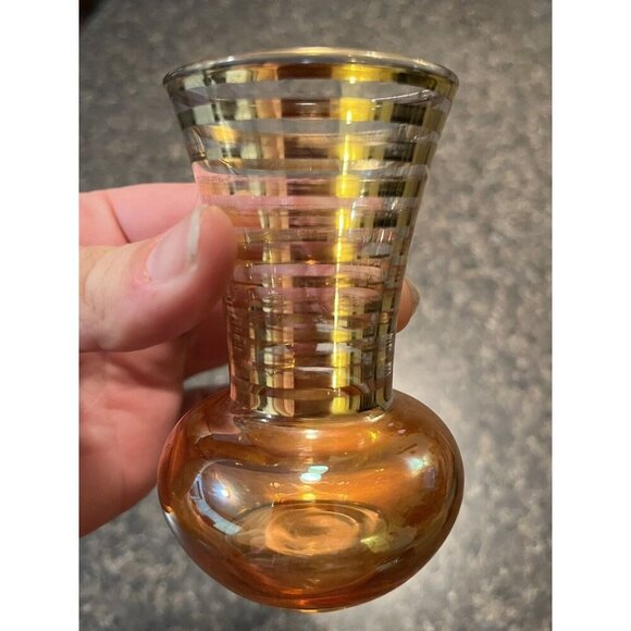 Vintage Carnival Glass Bud Vase 4" Gold with Stripes - Picture 5 of 8